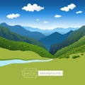 Vector landscape with blue sky, mountains, river and clouds