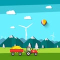 Vector Landscape. Field with Tractor and Wind Mill with Mountains