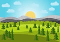 Vector landscape with field, trees and mountains. Royalty Free Stock Photo