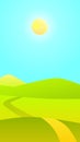 Vector landscape illustration - green field and sun in sky in noon time, phone screensaver Royalty Free Stock Photo