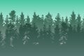 Vector landscape with green layered misty coniferous forest.