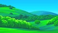 Vector landscape. Green summer hills covered with trees and grass. Royalty Free Stock Photo