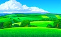 Vector landscape. Green summer hills covered with trees and grass.