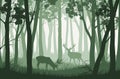 Vector landscape with green trees in forest and two deers