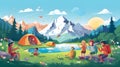 Vector Landscape Illustration: Camping in a Clearing by the Lake, Forest, Mountains, and Sun