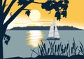 Vector landscape illustration of sunset, river and silhouette of yacht and trees