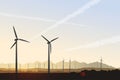 Vector landscape illustration with wind turbines at sunrise. Green power of future, sustainable source of energy