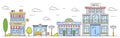 Vector landscape in line art style. Outline street with houses, building, tree and clouds. Cafe, pharmacy, hotel and bus