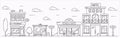 Vector landscape in line art style. Outline street with houses, building, tree and clouds. Cafe, pharmacy, hotel and bus