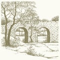 Vector landscape. Old stone bridge in the park Royalty Free Stock Photo