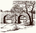 Vector landscape. Old stone bridge in the park Royalty Free Stock Photo