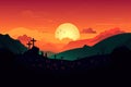 Vector landscape on religious theme Easter illustration with mount Calvary and a silhouettes of three crosses at sunset Banner for