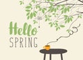 Landscape on spring theme with cup on the table Royalty Free Stock Photo