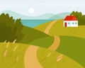 Vector landscape with road and white house. Summer fields. The road goes over the hills to the lake. Royalty Free Stock Photo
