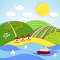 Vector landscape of sea sun and green hills Royalty Free Stock Photo