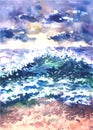 Vector Landscape with sea surf, painted in watercolor. Seascape.