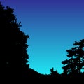 Vector landscape silhouette. Realistic trees, woods, hills and mountain silhouettes on night and evening sky. Outdoor