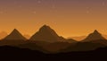 Vector landscape with silhouettes of hills and mountains from hot dessert and orange sunset sky