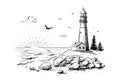 Vector landscape sketch - lighthouse, coastline, rocks, ocean, sunset Royalty Free Stock Photo