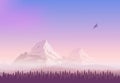 Vector landscape. Snowy mountains, gradient sunset sky and the pine forest.