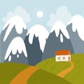 Vector landscape with snowy mountains, sun and white house on a green hills. The road to the mountain house. Vector hand Royalty Free Stock Photo