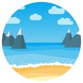 Vector landscape with summer beach and rocks in circle Royalty Free Stock Photo