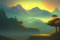 Vector landscape, sunset scene in nature with mountains and forest, silhouettes of trees and hills in the evening Generative AI Royalty Free Stock Photo