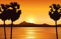 Vector landscape with sunset sea, silhouette of land and palm tr