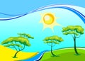Vector landscape with trees and the sun