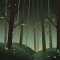Vector landscape, view, the scene with mystical, magical, fairy, beautiful forest. Green colors. lights, fireflies in the forest.