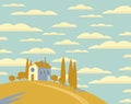 Vector landscape with a village on a hill Royalty Free Stock Photo