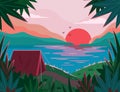 Vector landscape with warm sun. Sunrise over mountains with ocean and forest. Royalty Free Stock Photo