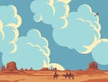 Vector landscape with cloudy sky and cowboys