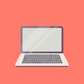 Vector laptop on the theme of new technology in flat design. An isolated notebook for business with open monitor on the red backgr