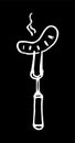 Vector large two-pronged fork with grilled steamed sausage. hand-drawn hot sausage with steam grill strips in doodle style with a