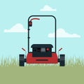 Vector lawn mower on the grass front view against the sky with clouds. Royalty Free Stock Photo