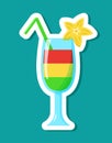 Vector layered cocktail sticker in cartoon style. Isolated multicolored drink in glass with juice straw