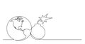 Continuous line drawing of world planet with bomb with firing fuze