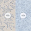 Vector leaf, floral patterns, nature package backgrounds. Line minimalist leaves frames, beauty banners. Use for social