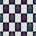 Vector Leaves in Green Pink Orange Purple Turquoise with Dots on Squares. Seamless Repeat Pattern. Background for
