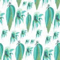 Vector leaves and sunflowers, green, turquoise, light green, aquamarine, plain white background Royalty Free Stock Photo