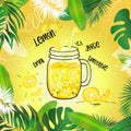 Lemon drink in mason jar with tropical leaves frame