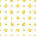 Vector lemon seamless pattern illustration isolated on white background. Cute cartoon whole and half yellow lemon fruits.