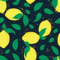 Vector lemons leaves dots slices seamless pattern print background.