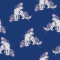 Vector Leopards with Gradient Palm Leaves on Blue seamless pattern background. Perfect for fabric, wallpaper and scrapbooking