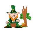 Vector leprechaun on stump with a pot of gold coins.