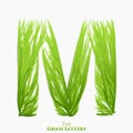 Vector letter M of juicy grass alphabet. Green M symbol consisting of growing grass. Realistic alphabet of organic