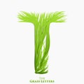 Vector letter T of juicy grass alphabet. Green T symbol consisting of growing grass. Realistic alphabet of organic