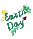 Vector lettering Earth Day with leaves, ladybug and butterfly.