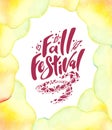 Vector lettering `fall festival` in yellow watercolor frame